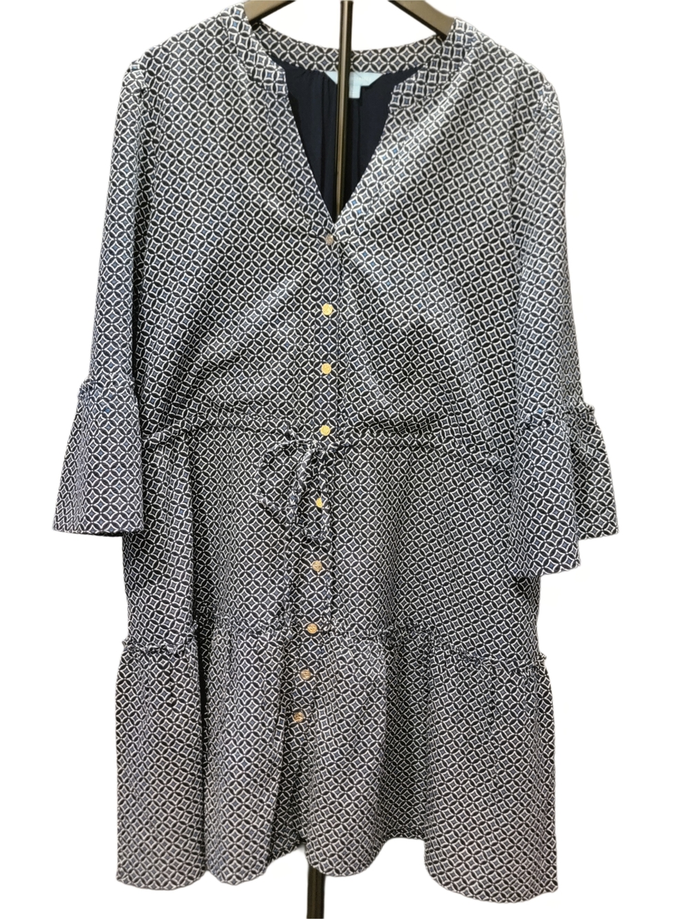 Draper James Navy and White Geometric Button-Front Tie-Waist Dress